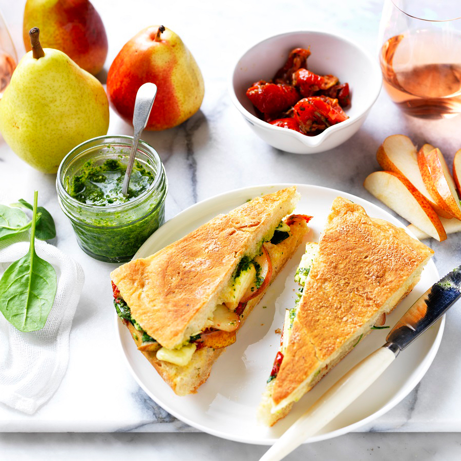Pesto, semi dried tomato, pear & bocconcini toasties