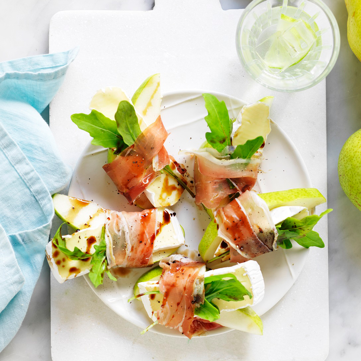 Pear, brie and prosciutto wedges